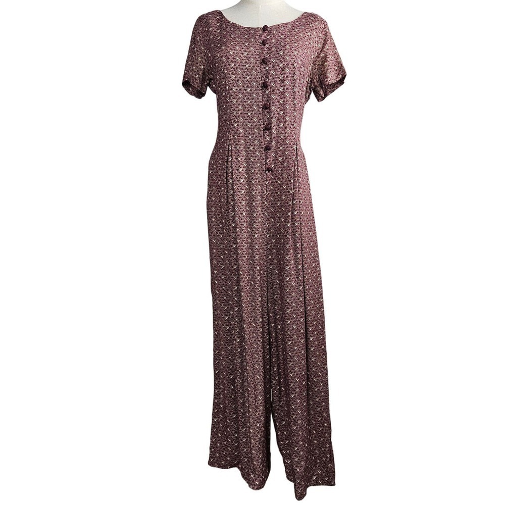 Vintage 90s Button‎ Front Wide Leg Jumpsuit M? L? Maroon Floral Short Sleeve